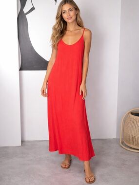 Sleeveless Red Maxi Slip Dress - Women's Casual Sundress. Size Medium